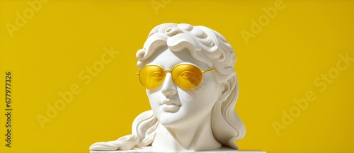 Marble white sculpture headbust of greek god Athena with sunglasses in bright yellow background from Generative AI photo