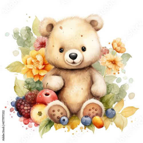 Bear flower and fruits Illustration, Generative Ai © Creative Artist