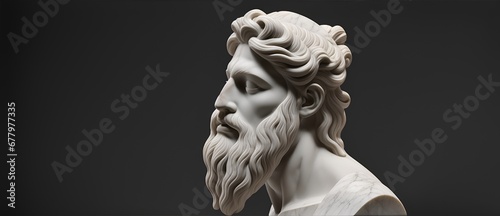 Marble white sculpture headbust of greek god Zeus in plain dark black background from Generative AI