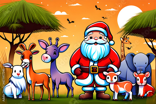Cute Santa with animals in the African grasslands.  Generative AI