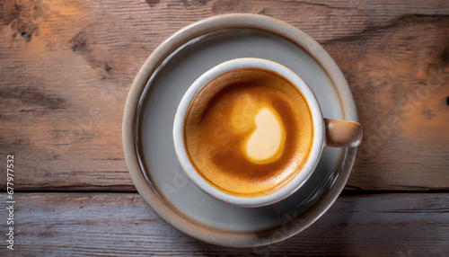 A top-down view of a classic Italian espresso captures the rich and velvety crema atop the strong and aromatic shot, offering a moment of indulgence in a small but potent cup. photo