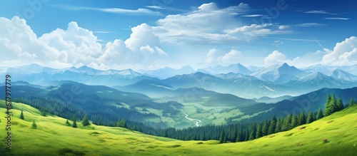 summer the sky above Europe is a beautiful blend of blue adorned with fluffy white clouds that dance over the lush green landscape of towering trees and vibrant grass creating a breathtakin