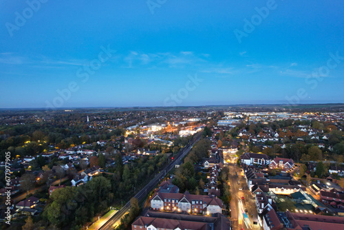 Beautiful High Angle Footage of Illuminated Central Letchworth Garden City of England UK. The Footage Captured with Drone's Camera on November 11th, 2023 at Just After Sunset and During Night