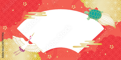 お正月背景イラスト　和柄背景　鶴と亀　