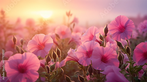 pink flowers wild field on the background of fog, morning view fragrance and coolness of petunia photo