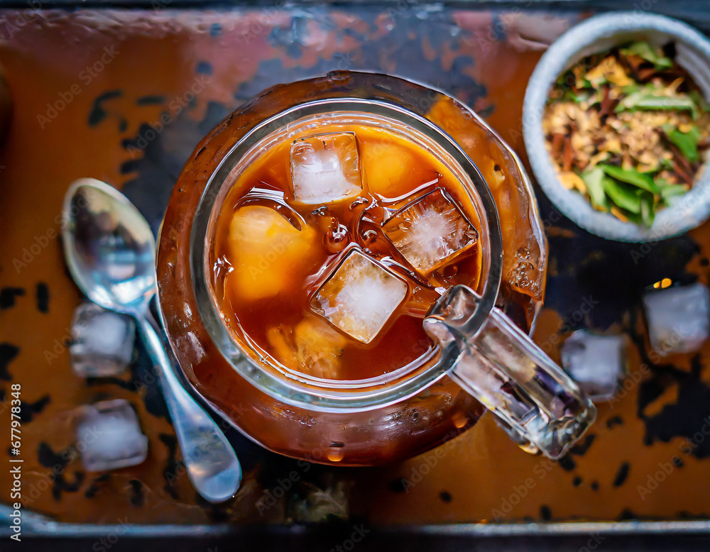 A top-down shot of a Thai iced tea showcases the striking combination of strongly brewed tea, sweetened condensed milk, and ice, providing a refreshing and sweet beverage with a hint of spice.