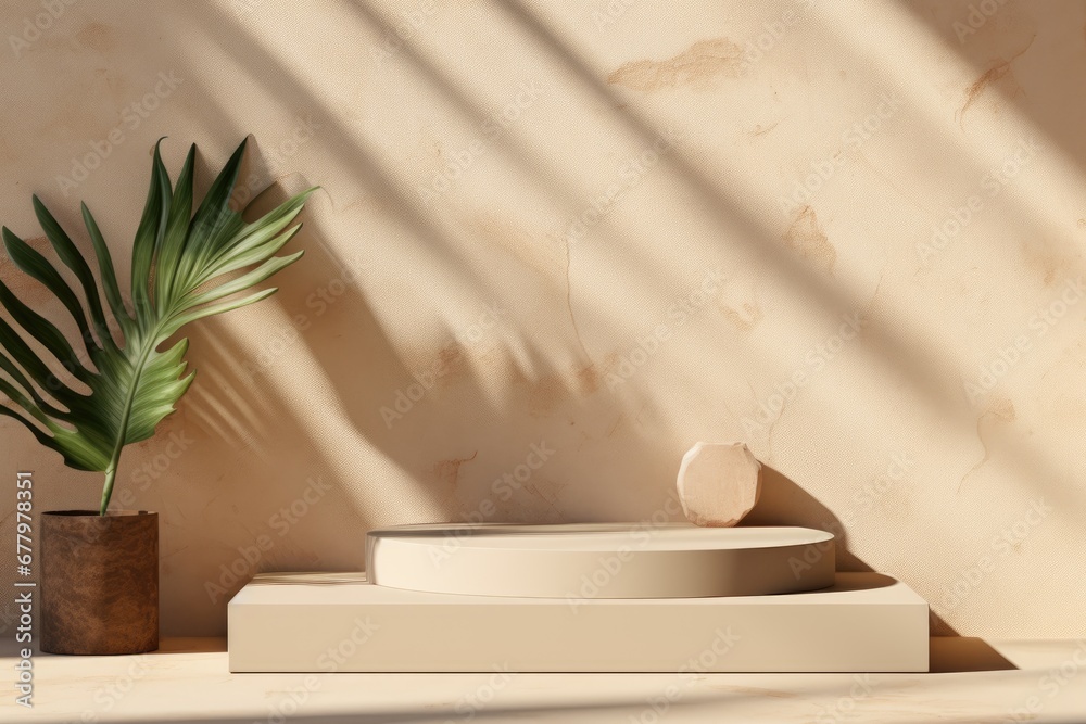 Empty stone podium for product display on beige background with tropical leaves Empty stone podium for product display on beige background with tropical leaves