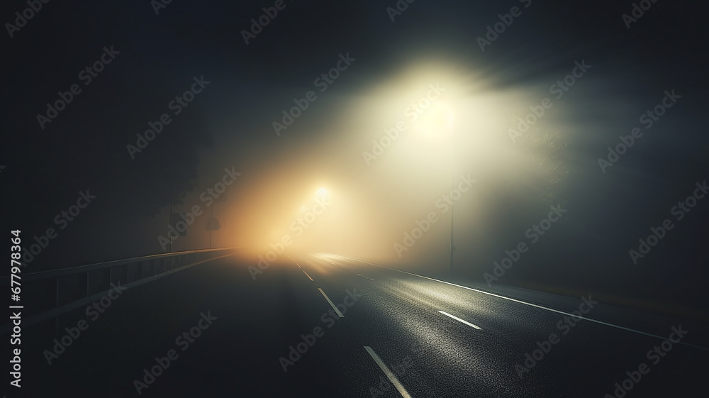 autumn fog on a wet night road in the headlights of a car, autumn dangerous driving weather, fog in the light of a car