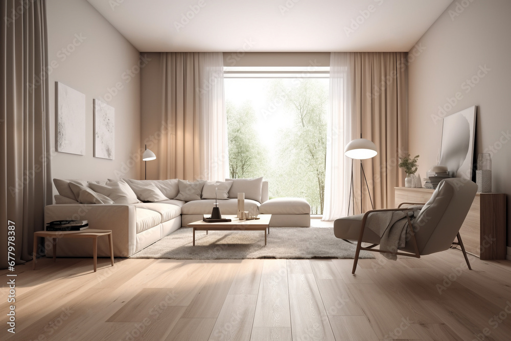 Fototapeta premium Modern scandinavian living room interior. Modern bright minimalist living room interior with sofa, wooden floor and blank white posters on the wall, minimalist design. Empty Poster mock-up. Place for 