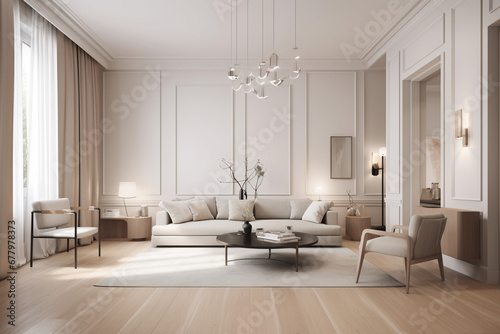 Home Interior With light Sofa, Empty Wall And Floor Lamp. Modern living room © Anastasiia
