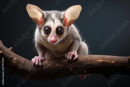 An expressive sugar glider on a white branch in a playful pose. Generative AI