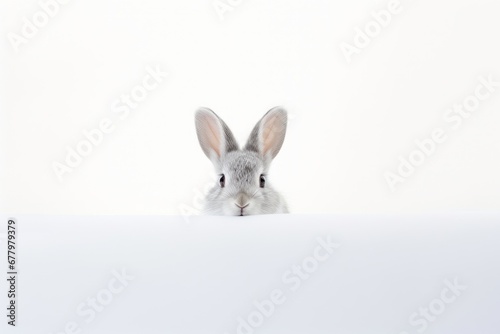 An inquisitive dwarf rabbit exploring a minimalist white environment. Generative AI
