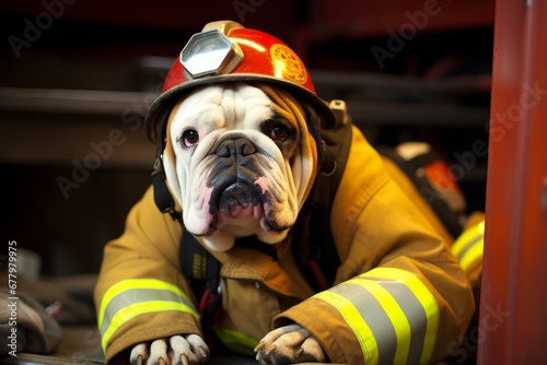 Photo of a bulldog as a firefighter, ready to tackle emergencies. Generative AI