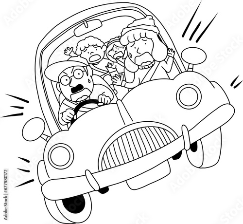 運転不注意で事故にあう車とあわてる家族のイラスト（線画）