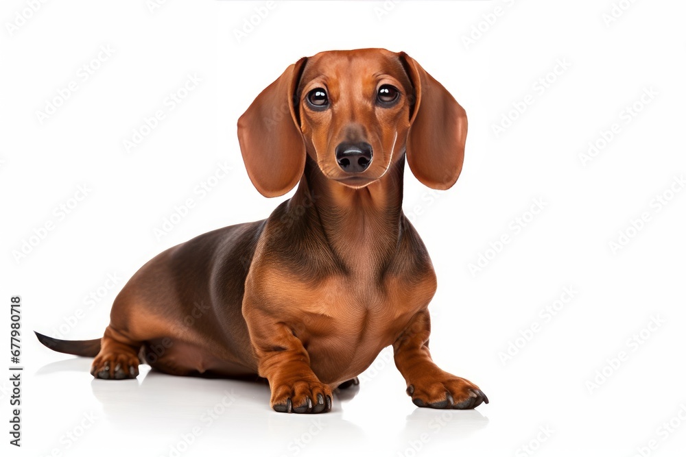 Photo of a charming Dachshund with its long body and short legs on a pristine white countertop. Generative AI