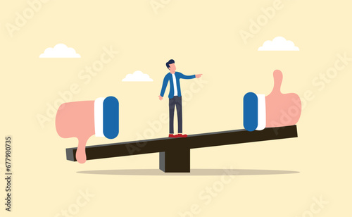 Businessman evaluation of losses and achievements, profits and losses in comparison, performance appraisal, manager evaluation, appraisal concept, businessman pointing on seesaw with thumbs up and thu