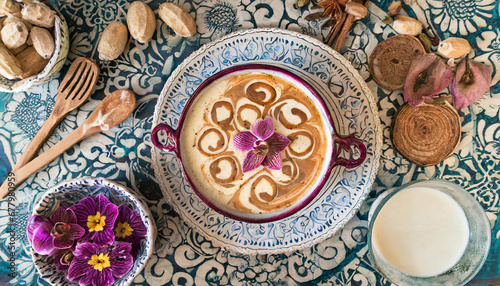 A top-down perspective of a Turkish salep captures the warm and comforting beverage made from orchid tubers, milk, and sugar, offering a cozy and aromatic experience. photo