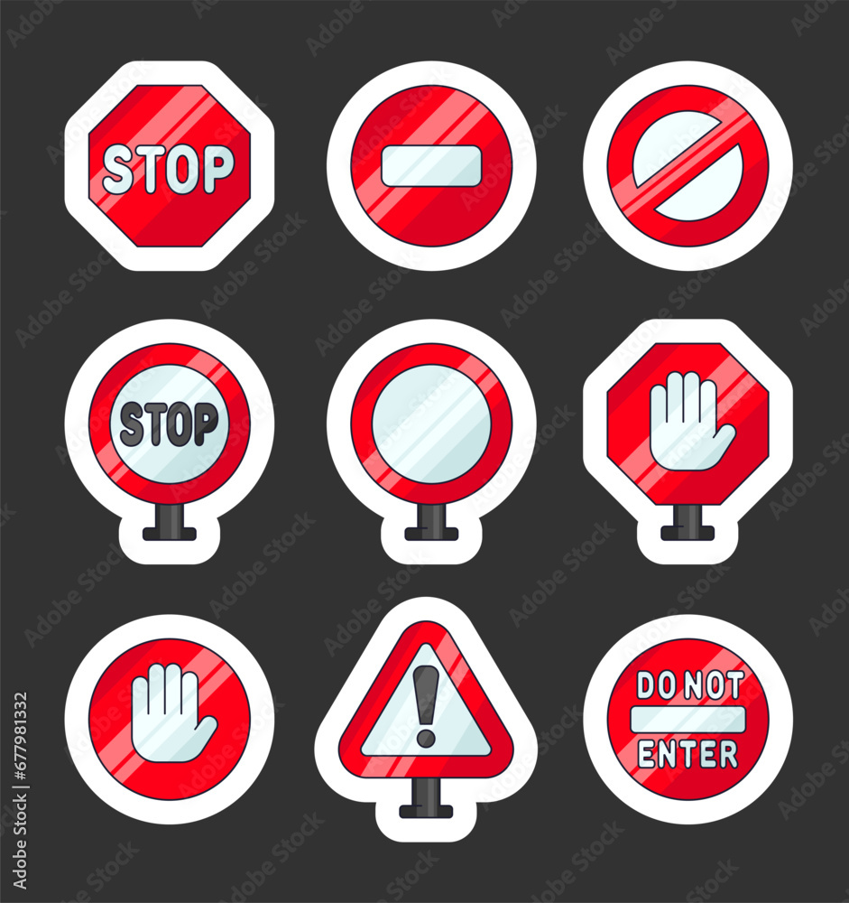 Stop sign, block, prohibited. Sticker Bookmark. Road traffic regulatory warning. Vector drawing. Collection of design elements. Stop sign, block, prohibited. Sticker Bookmark. Road traffic regulatory warning. Vector drawing. Collection of design elements.