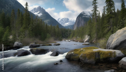 A vast evergreen forest  a gentle river  moss-covered rocks  and distant mountains offer a tranquil nature setting.
