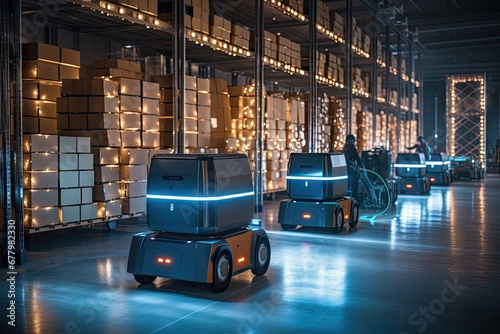A cargo transport robot is parked on the floor near shelves with merchandise in a spacious warehouse that is lit at night. by Generative AI