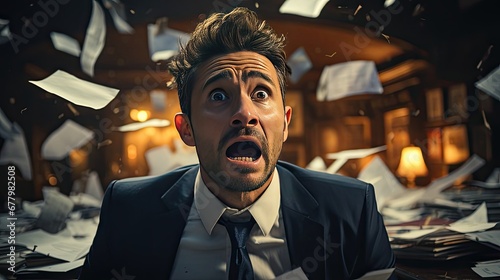 A screaming, frightened businessman in a suit is stressed and furious, with papers and documents flying around. Manager office worker experiencing problems with tax accounting