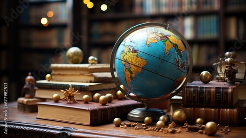 A world globe stands on books in a library. The concept of a global planet in finance  education and economics