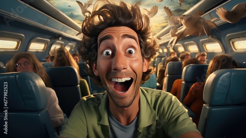 Happy male tourist airplane passenger screams with joy on board the plane on a flight on vacation. World travel and tourism concept