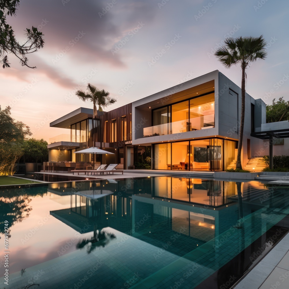 Exterior of a modern minimalist cubic villa with a swimming pool