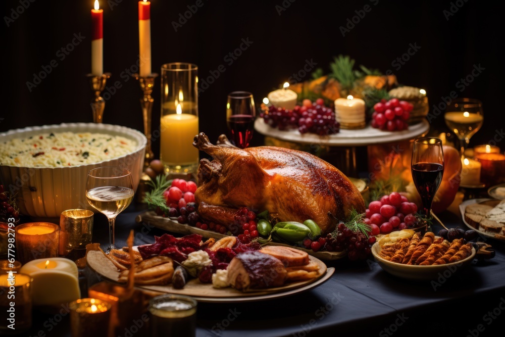 A festive holiday table spread featuring a succulent roast turkey, cranberry sauce, roasted vegetables, and a selection of mouthwatering desserts, under candlelight.