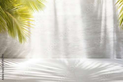A captivating background, showcasing palm leaves with shadows against a gray wall, offering room for customization to align with your unique artistic vision. Photorealistic illustration