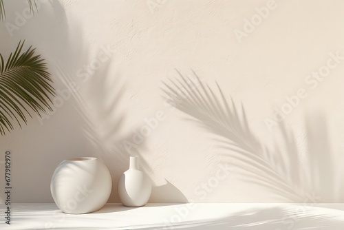 An abstract background, featuring palm leaves with shadows against an off-white wall, providing room for customization to align with your unique artistic vision. Photorealistic illustration photo