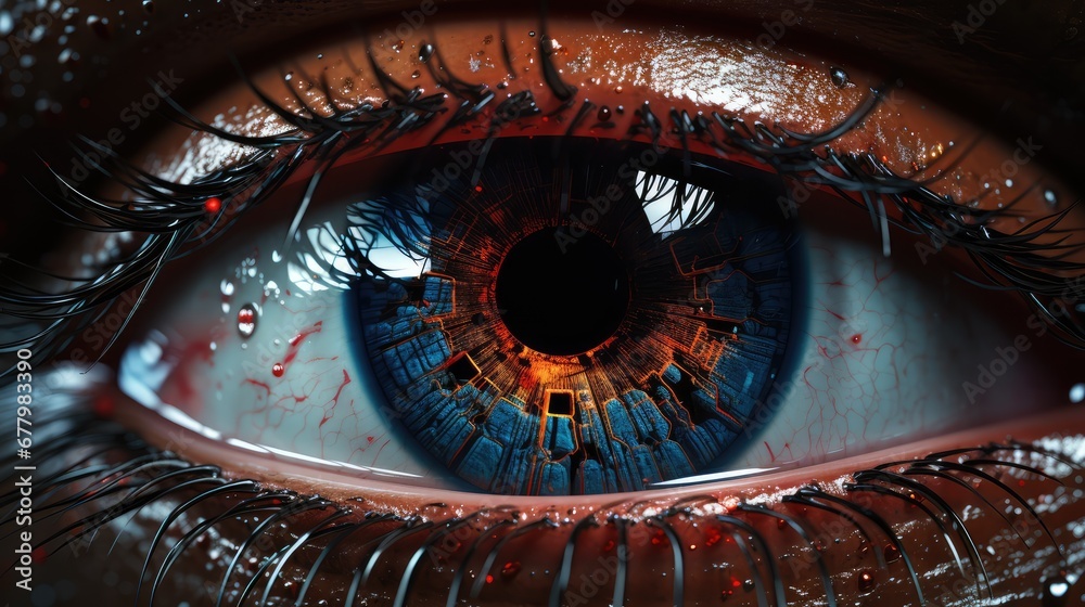 Close-up of a robot or human eye with an implanted chip. New technologies and futuristic concept. 3D Rendering