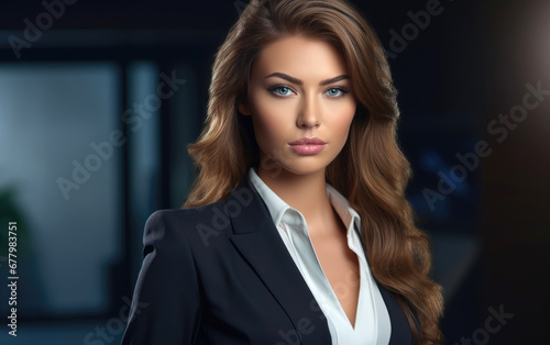Attractive businesswoman with blue eyes. Confident beautiful woman. Stylish legal professional woman in suit.