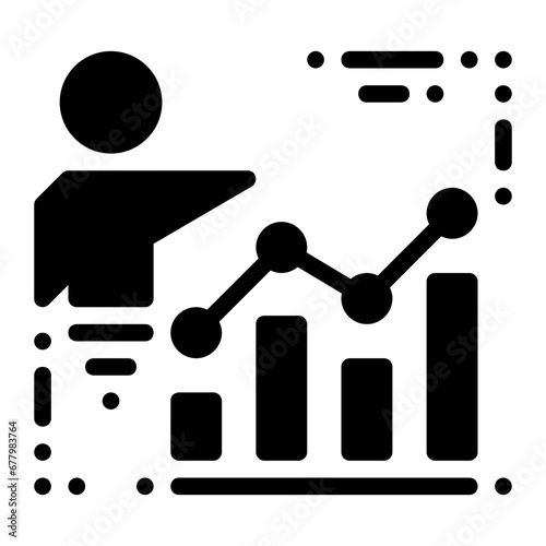 Sales report icon represented by a person pointing at a graph