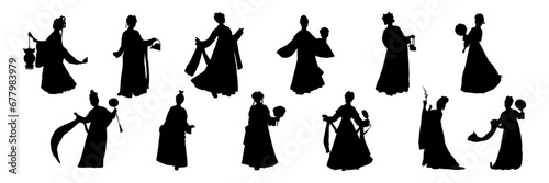 set of silhouettes of traditional chinese girl illustration vector