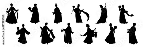 set of illustration of traditional chinese girl silhouette vector
