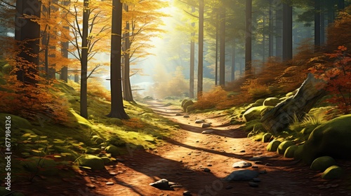 environment scenic sunny golden inviting illustration foliage landscape  path background  tree leaf environment scenic sunny golden inviting