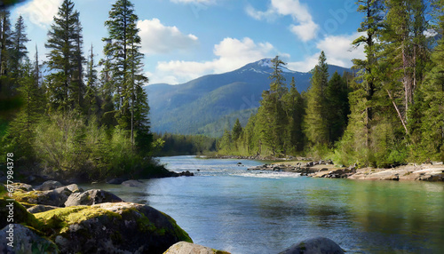 A vast expanse of evergreen trees, a clear river, mossy rocks, and distant mountains forms a tranquil natural backdrop.