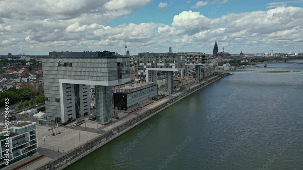 Cologne's Rheinauhafen buildings or commonly known as crane houses, aerial Cologne's Rheinauhafen buildings or commonly known as crane houses, aerial