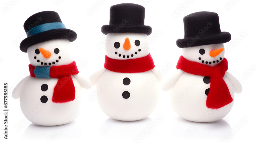 three snowmen with a snowman with black hat on white background