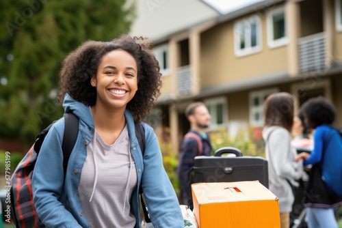 Young pretty female college student moving into college campus to start new academic course photo