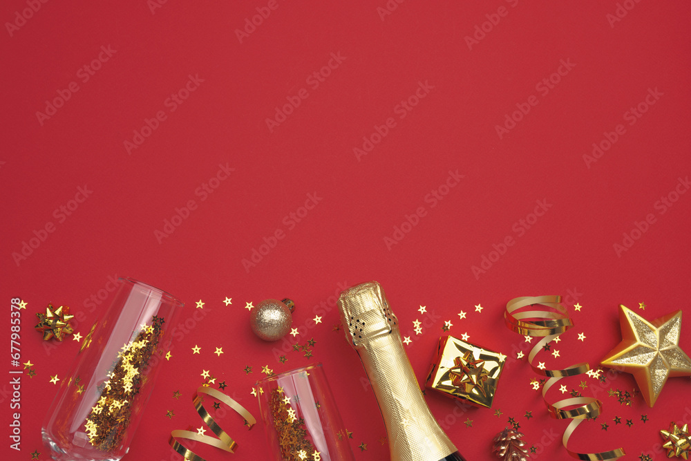 Christmas background with golden decoration on color background, space for text