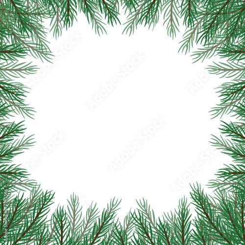 Border of pine and fir branches for design of postcard or banner  sign. Modern design for holiday invitation card  poster  banner  greeting card  postcard  packaging  print. Vector illustration.