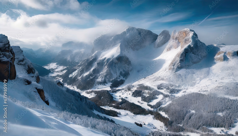 A rocky mountain landscape, dusted with snow, as a cold breeze sweeps through, creating a serene and wintry alpine setting.