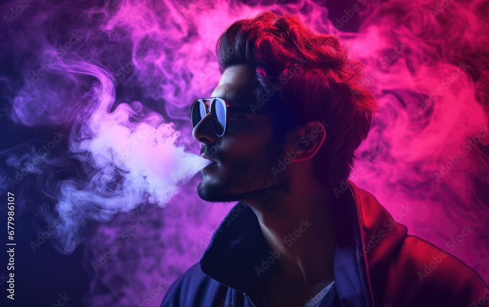 Man wearing sunglasses is smoking a cigarette, colorful neon smoke