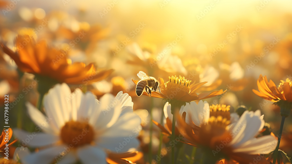 bees pollinate flowers in the morning fog of the last days of summer, landscape, silence and beauty of wildlife in early autumn - obrazy, fototapety, plakaty 