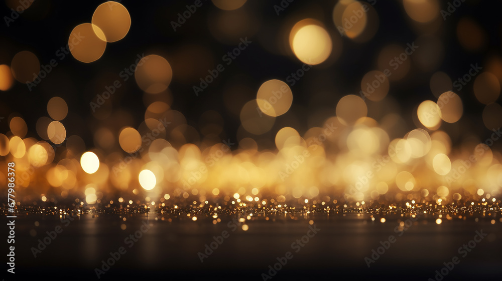the black background is festive, the horizon line is bokeh, the glare from blurred golden sparks along the narrow horizon the black background is festive, the horizon line is bokeh, the glare from blurred golden sparks along the narrow horizon