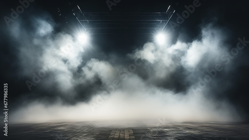 stage fog, smoke in the background light of theater spotlights on an empty stage, illuminated podium in the hall