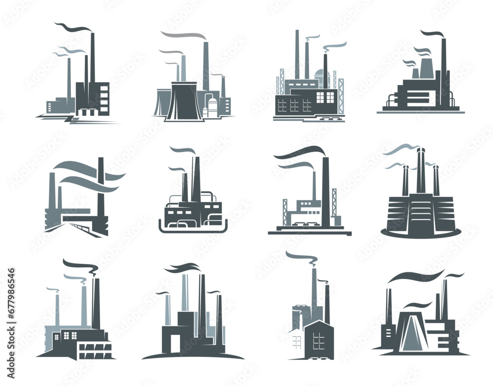 Factory or industrial plant icons set. Vector power plant buildings, factories or nuclear stations of chemical, energy, oil and gas refinery industry. Industrial building silhouettes with smoke, pipes