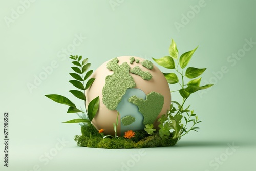 Eco Friendly Earth with Leaves and Plants. Save the World Background, Papercraft Style, Earth day, Environment Day.